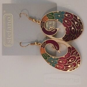 Peacock Gold and Red Dangle Earrings